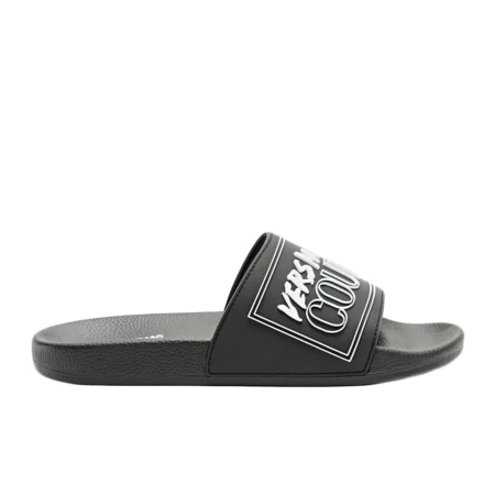 Versace Jeans Couture slides in black with an embossed white logo, featuring a slip-on design and cushioned sole for comfort and effortless style, available at Lestyle Boutique.