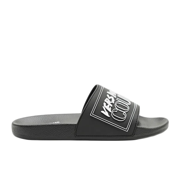 Versace Jeans Couture slides in black with an embossed white logo featuring a slip on design and cushioned sole for comfort and effortless style available at Lestyle Boutique