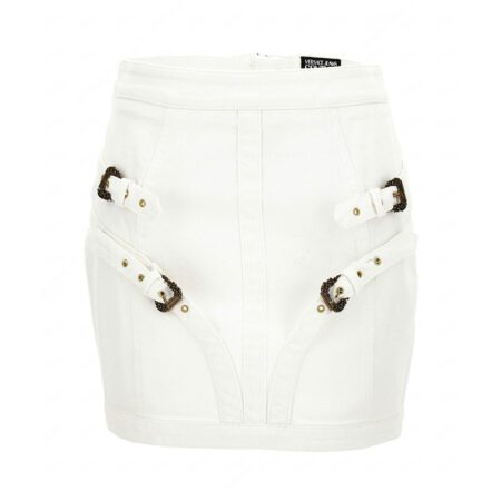 Versace Jeans Couture White Denim Mini Skirt showcasing Barocco-inspired buckles and fine top-stitching, blending luxury and modern fashion, available at Lestyle Boutique.