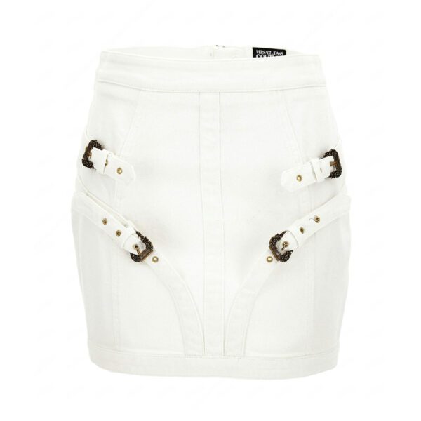 Versace Jeans Couture White Denim Mini Skirt showcasing Barocco inspired buckles and fine top stitching blending luxury and modern fashion available at Lestyle Boutique