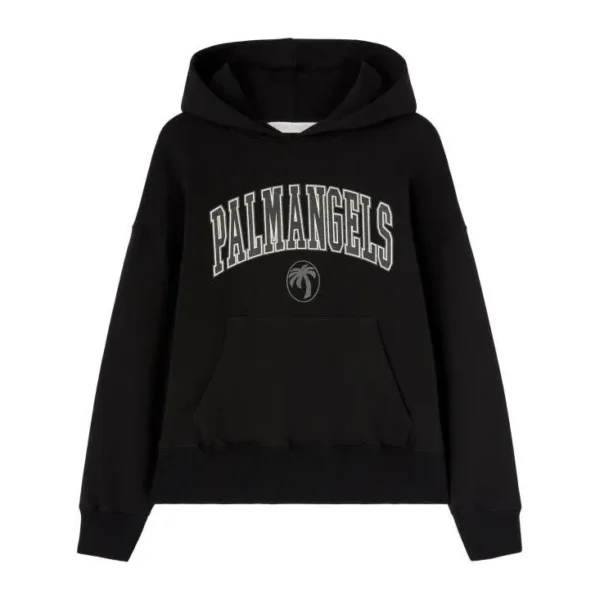 Palm Angels black and ivory womens hoodie with bold logo detailing and kangaroo pocket available at Lestyle Boutique