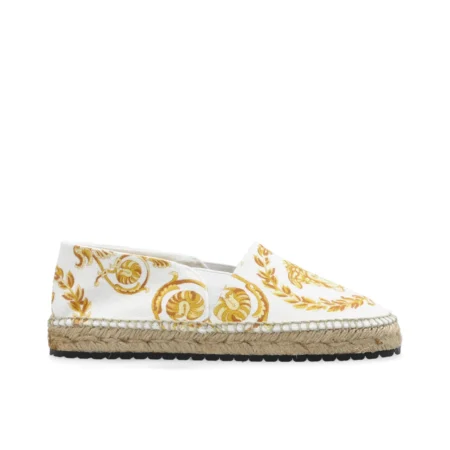 Versace Kids Patterned Espadrilles in white and gold, featuring the signature Barocco print and Medusa head motif, designed for both style and comfort, available at Lestyle Boutique.