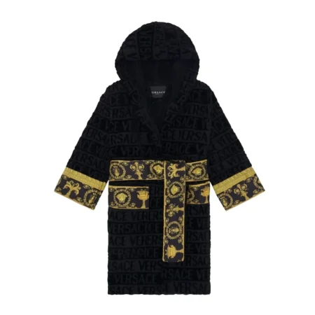 Versace Kids I Love Baroque Hooded Bathrobe in black with gold baroque detailing, featuring an all-over logo print, hooded design, and belted waist, available at Lestyle Boutique.