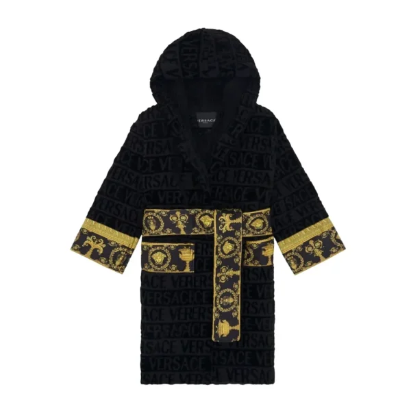 Versace Kids I Love Baroque Hooded Bathrobe in black with gold baroque detailing featuring an all over logo print hooded design and belted waist available at Lestyle Boutique