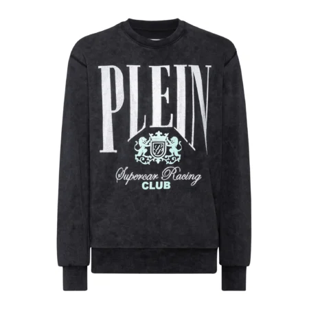 Philipp Plein black printed sweatshirt with a crewneck and long sleeves, featuring a bold PLEIN logo on the front, available at Lestyle Boutique.