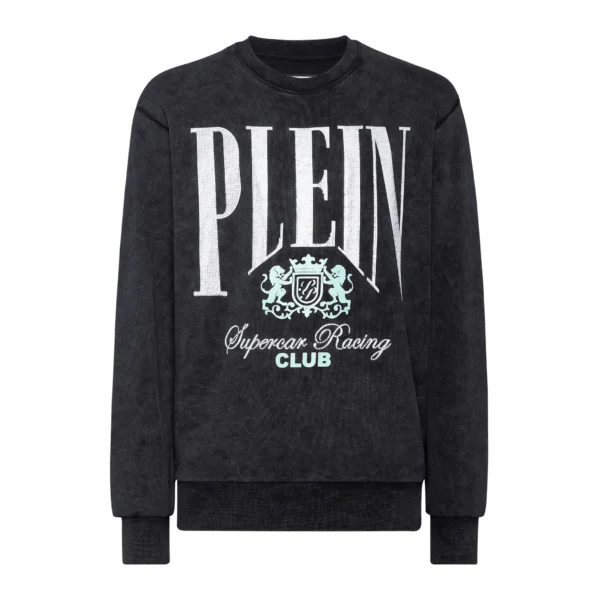 Philipp Plein black printed sweatshirt with a crewneck and long sleeves featuring a bold PLEIN logo on the front available at Lestyle Boutique