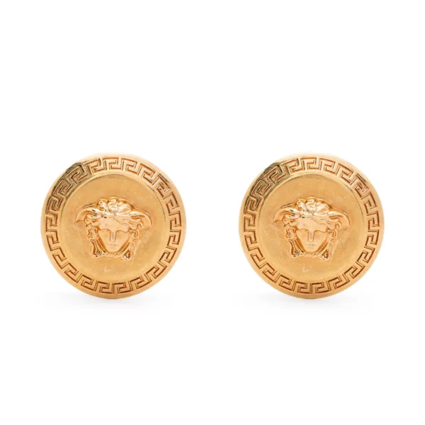 Versace Tribute Medusa Stud Earrings in gold tone metal featuring signature Greca detailing and the Medusa Head motif a timeless statement piece available at Lestyle Boutique