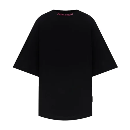 Palm Angels black oversized T-shirt with contrasting logo print on the back neckline, available at Lestyle Boutique.