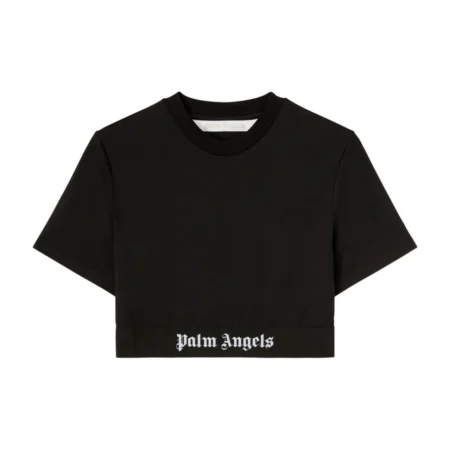 Palm Angels black cropped T-shirt featuring a front and back logo design, elastic band, and short sleeves, available at Lestyle Boutique.