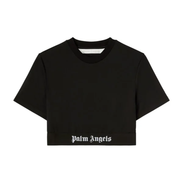 Palm Angels black cropped T shirt featuring a front and back logo design elastic band and short sleeves available at Lestyle Boutique