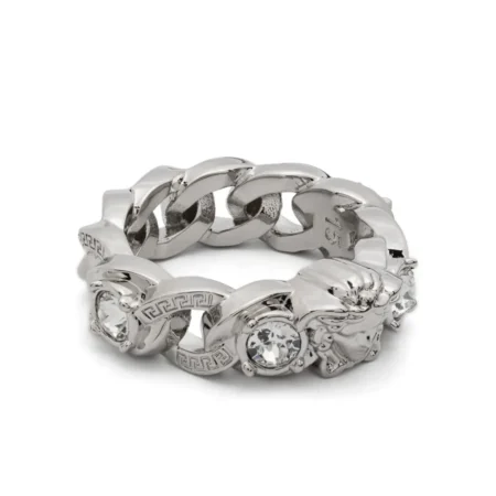 Versace Medusa Head-Motif Ring in silver-tone brass, featuring chain-link detailing, crystal embellishments, and the signature Medusa head design, available at Lestyle Boutique.