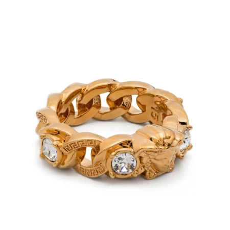 Versace Medusa Head-Motif Ring in gold-tone plated brass with chain-link detailing, crystal embellishments, and signature Medusa head design, available at Lestyle Boutique.