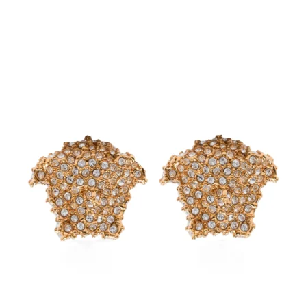 Versace Medusa Head-Stud Earrings in gold-tone brass, featuring crystal embellishments, a pavé setting, and the signature Medusa head motif, available at Lestyle Boutique.
