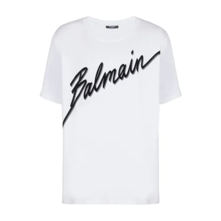 Balmain white cotton T-shirt featuring a bold logo print on the front, a crew neck, and short sleeves, available at Lestyle Boutique.