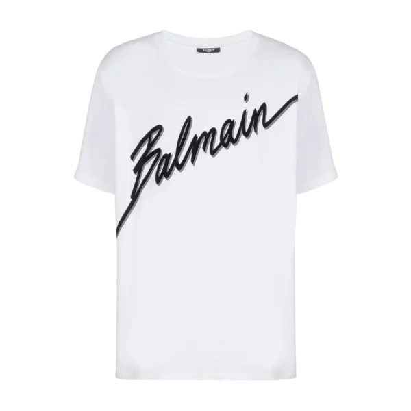 Balmain white cotton T shirt featuring a bold logo print on the front a crew neck and short sleeves available at Lestyle Boutique