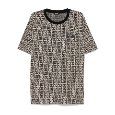 Balmain light beige PB Labyrinth Jacquard T-shirt featuring a crew neck, short sleeves, and a logo patch at the chest, available at Lestyle Boutique.