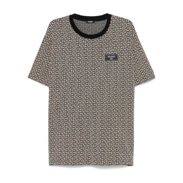 Balmain light beige PB Labyrinth Jacquard T shirt featuring a crew neck short sleeves and a logo patch at the chest available at Lestyle Boutique
