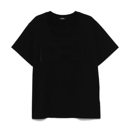 Balmain Black Flocked-Logo T-Shirt with a tonal embossed logo at the chest, crafted from premium cotton, available at Lestyle Boutique.