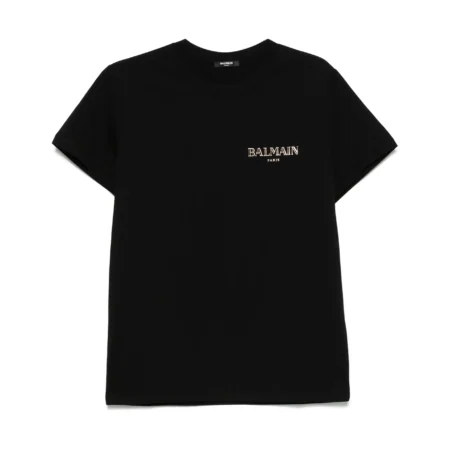 Balmain Black Logo-Appliqué T-Shirt with a minimalist chest logo, crafted from premium cotton, available at Lestyle Boutique.