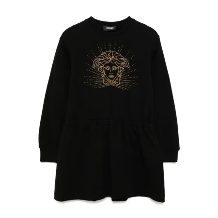 Versace Kids Crew-Neck Dress in black, featuring a crystal-embellished Medusa motif, elasticated waistband, and ribbed cuffs, available at Lestyle Boutique.