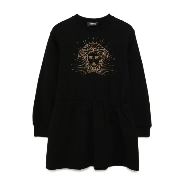Versace Kids Crew Neck Dress in black featuring a crystal embellished Medusa motif elasticated waistband and ribbed cuffs available at Lestyle Boutique