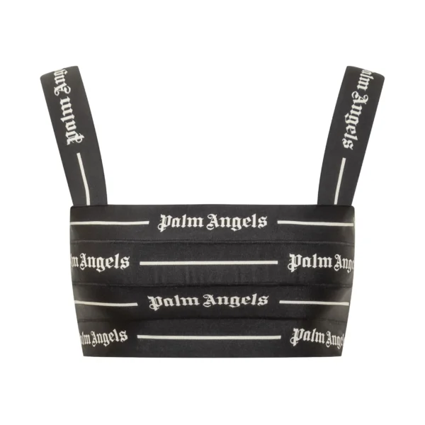 Palm Angels black crop top featuring logo tape detailing a square neckline slim shoulder straps and a rear zip fastening available at Lestyle Boutique