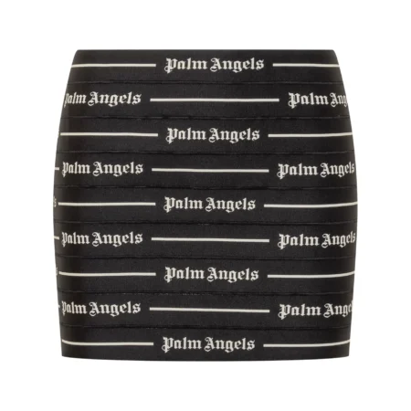Palm Angels black mini skirt featuring an all-over logo print, high-rise fit, and rear zip fastening, available at Lestyle Boutique.