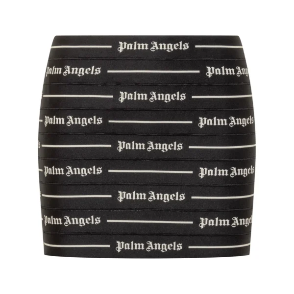Palm Angels black mini skirt featuring an all over logo print high rise fit and rear zip fastening available at Lestyle Boutique