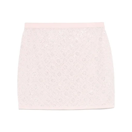 Casablanca crystal-monogram mini skirt in rose pink with elasticated waistband and glass embellishments, available at Lestyle Boutique.