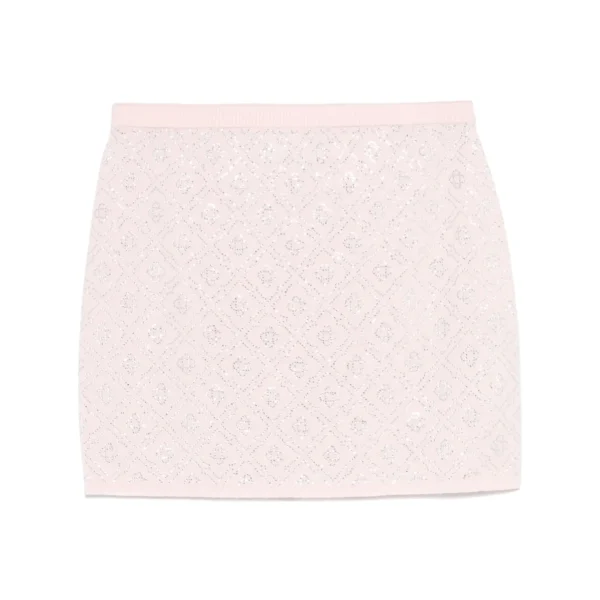 Casablanca crystal monogram mini skirt in rose pink with elasticated waistband and glass embellishments available at Lestyle Boutique