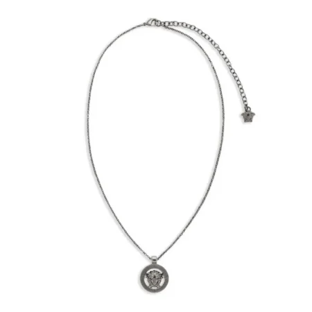 Versace Medusa 95 Pendant Necklace in silver-tone with an engraved Medusa head pendant and adjustable chain, available at Lestyle Boutique.