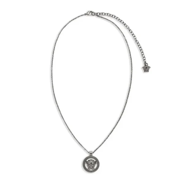 Versace Medusa 95 Pendant Necklace in silver tone with an engraved Medusa head pendant and adjustable chain available at Lestyle Boutique