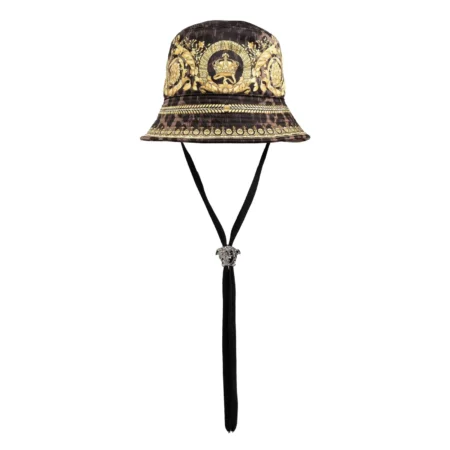 Versace Pattern-Printed Bucket Hat featuring the iconic Barocco design and an adjustable chin strap, available at Lestyle Boutique.