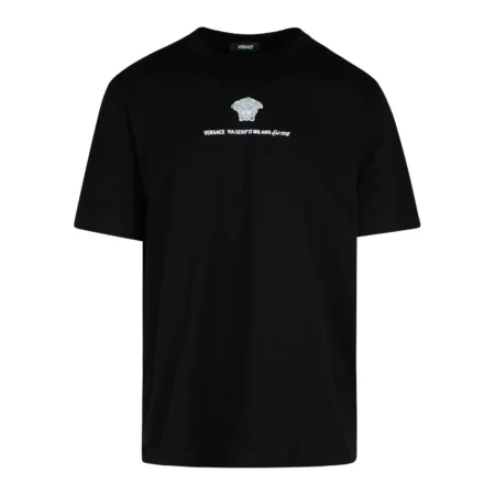 Versace Logo-Embroidered Crewneck T-Shirt in black with signature Medusa embroidery on the chest, available at Lestyle Boutique.