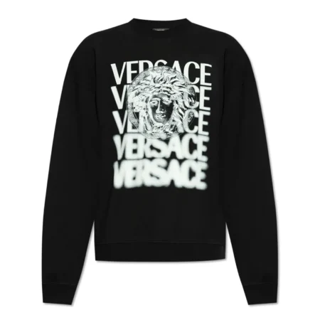 Versace Medusa Medallion Sweatshirt in black, featuring bold Medusa print and repeated logo branding, available at Lestyle Boutique.