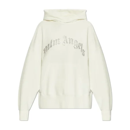 Palm Angels cream drop shoulder hoodie with a crystal-embellished logo, kangaroo pocket, and ribbed trims, available at Lestyle Boutique.