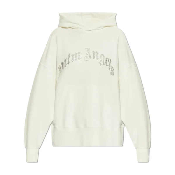 Palm Angels cream drop shoulder hoodie with a crystal embellished logo kangaroo pocket and ribbed trims available at Lestyle Boutique