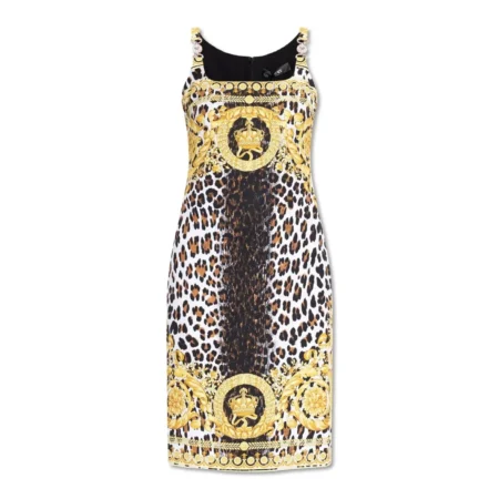 Versace Pattern-Printed Sleeveless Dress, featuring a bold baroque and leopard print, sleeveless design, and luxurious Italian craftsmanship, available at Lestyle Boutique.