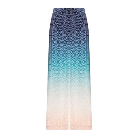Casablanca blue gradient silk trousers with an elastic waistband and logo print, available at Lestyle Boutique.