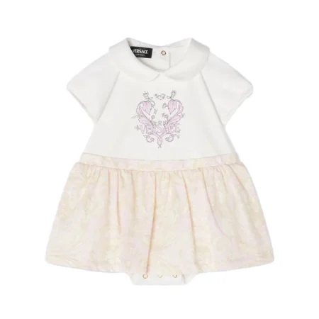 Versace Barocco Baby Bodysuit Dress featuring a cotton jersey top with a Versace logo motif, a ruffled Barocco print skirt, and a Peter Pan collar, available at Lestyle Boutique.