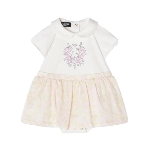 Versace Barocco Baby Bodysuit Dress featuring a cotton jersey top with a Versace logo motif a ruffled Barocco print skirt and a Peter Pan collar available at Lestyle Boutique