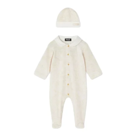 Versace Barocco Baby Sleepsuit Set in white print, featuring an organic cotton sleepsuit with Barocco print, footies, Peter Pan collar, and a matching cap, available at Lestyle Boutique.