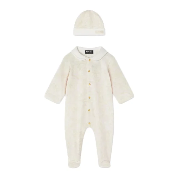 Versace Barocco Baby Sleepsuit Set in white print featuring an organic cotton sleepsuit with Barocco print footies Peter Pan collar and a matching cap available at Lestyle Boutique