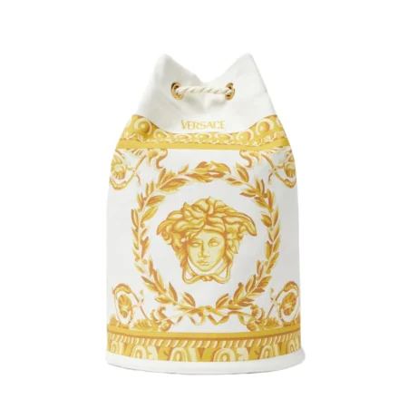 Versace Medusa Kids Canvas Sling Bucket Bag in white and gold, featuring a Medusa motif, Barocco print, and drawstring closure, available at Lestyle Boutique.