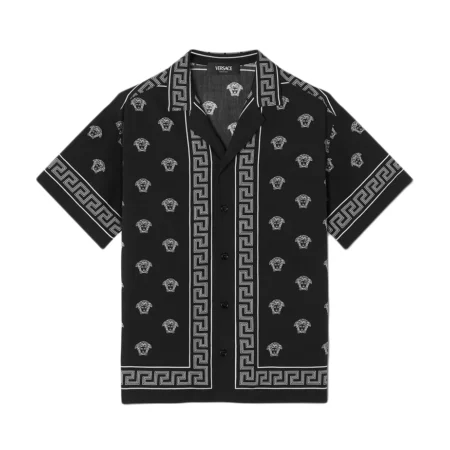 Versace Medusa Bandana Kids Shirt in black, featuring the Medusa Bandana print with Greca and Medusa motifs, short sleeves, and a button-up front, available at Lestyle Boutique.