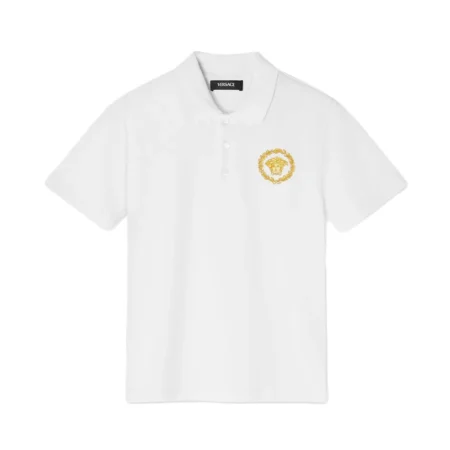 Versace Kids Short-Sleeved Polo Shirt in white, featuring a breathable cotton piqué fabric, Medusa Kids motif embroidery, and a classic pointed collar, available at Lestyle Boutique.