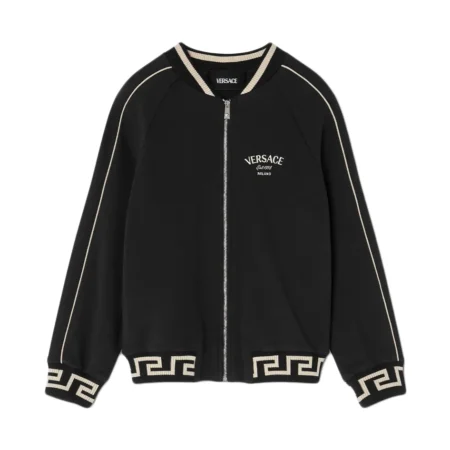 Versace Studded Medusa Kids Zip Sweatshirt in black, featuring a stud-embellished Medusa motif, Versace Milano Stamp embroidery, ribbed Greca border, and zip closure, available at Lestyle Boutique.