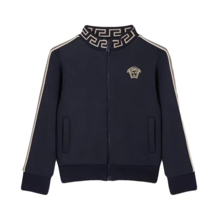 Versace Kids Greca Sweatshirt in blue, featuring Medusa embroidery, a ribbed Greca collar, and striped sleeve bands, available at Lestyle Boutique.