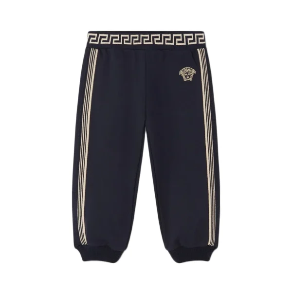Versace Kids Greca Sweatpants in blue featuring a ribbed Greca waistband Medusa embroidery and striped side panels available at Lestyle Boutique