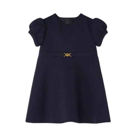 Versace Medusa '95 Kids Dress in Milano-stitch jersey with short puff sleeves and signature Medusa '95 hardware at the waist, available at Lestyle Boutique.